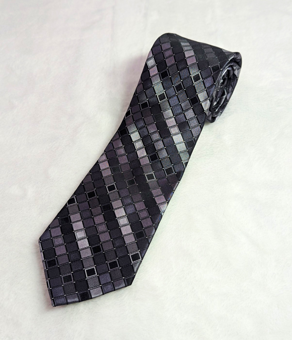 Vintage ck Calvin Klein Silk Necktie Gray Black Checkered Geometric Y2K 3.25
